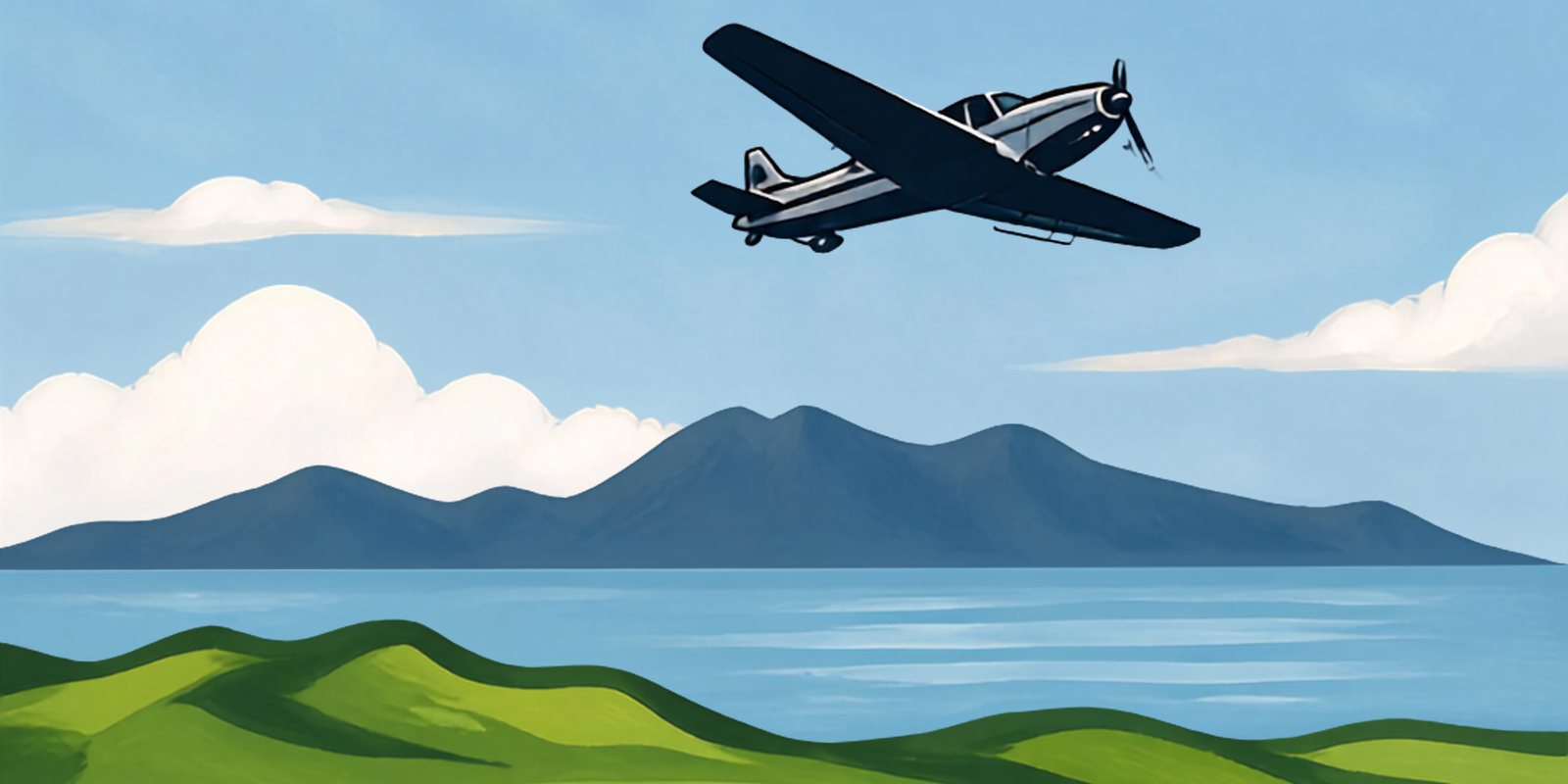 Painting of Arran across the links at Prestwick, with a plane overhead